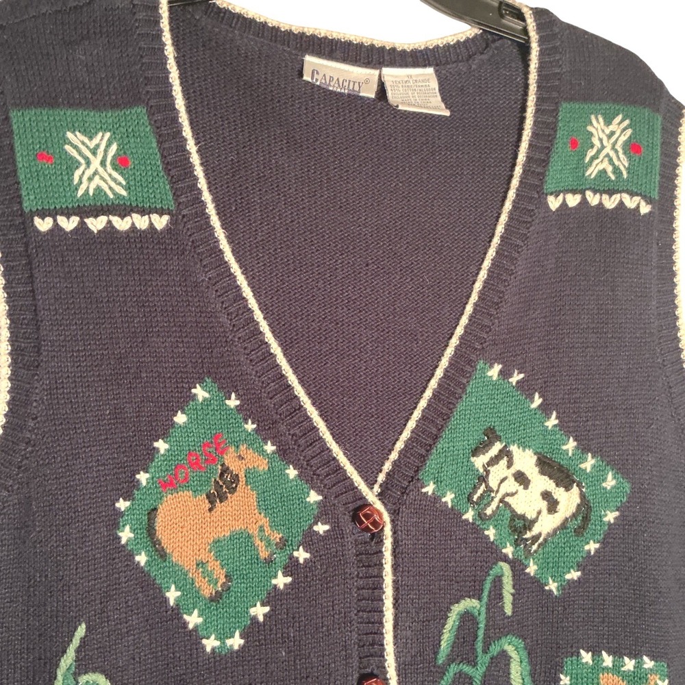 Capacity Woman Vintage Farm Animal Knit Sweater Vest Navy Blue 1X Hors Cow Sheep - Picture 9 of 9